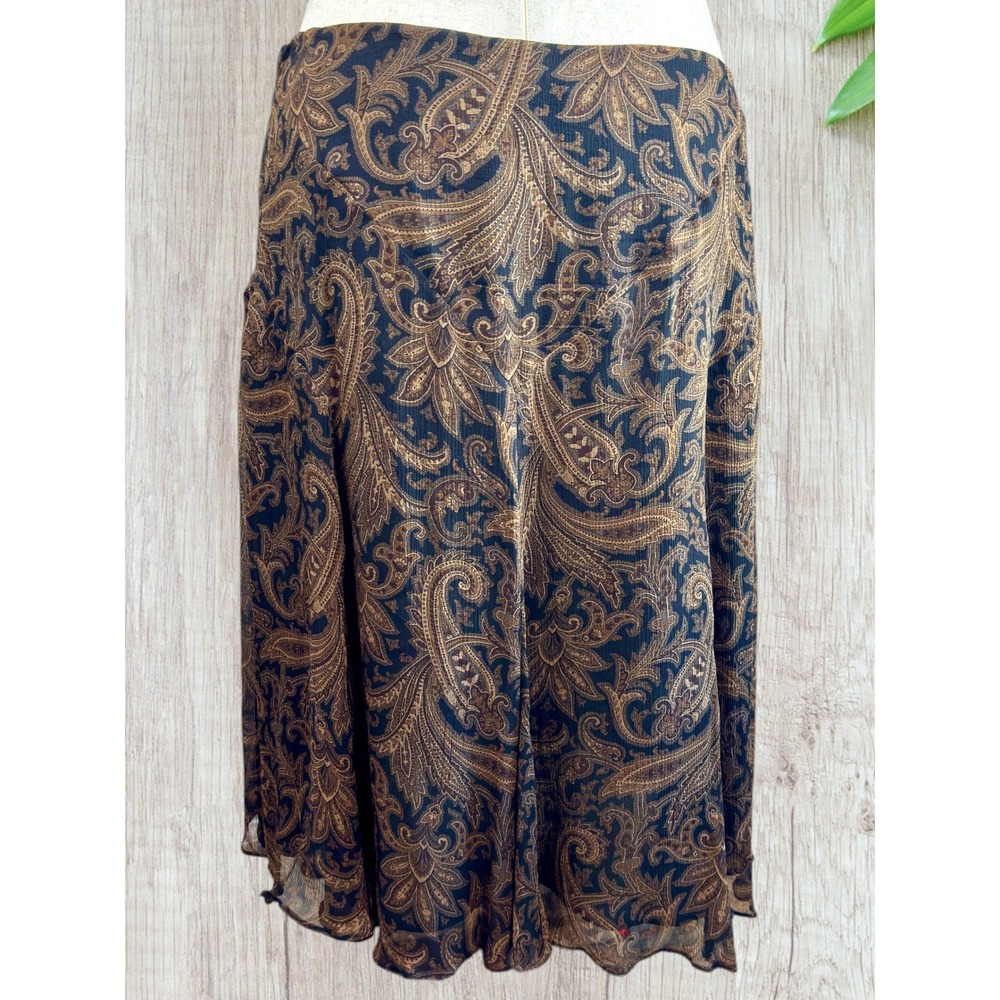 VTG Lauren Ralph Lauren 100% Silk Paisley A‑Line Skirt 14 Black Brown Whimsigoth - Picture 3 of 9